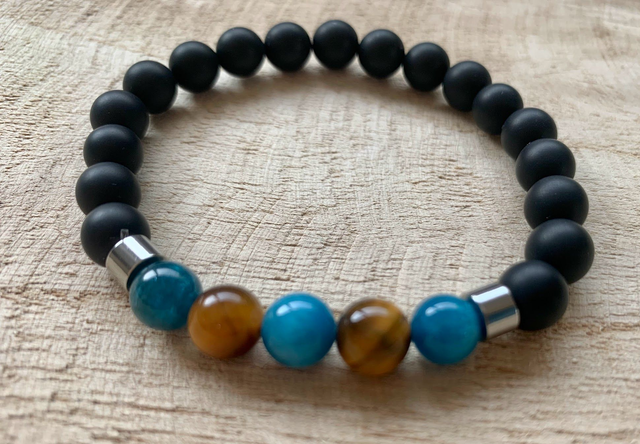 Bracelet Onyx, Œil de Tigre et Apatite Bleue - Perles de 8mm