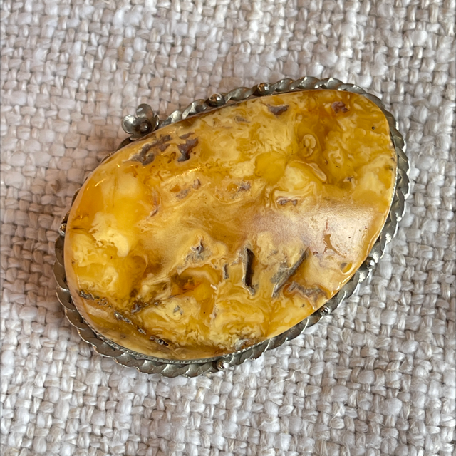 Große Bernstein Brosche antik Silber