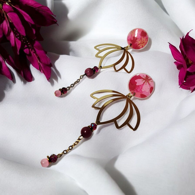 Boucles d'oreilles pendantes motifs japonais rose fuchsia