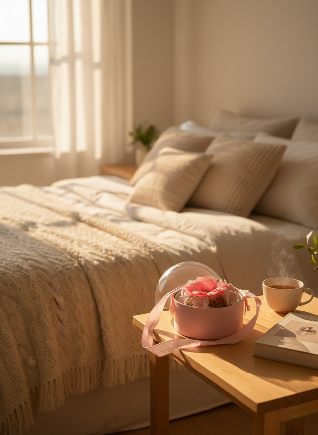 Arrangement floral rose fait main dans une boîte avec cloche transparente