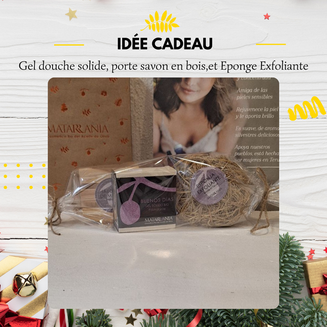 Coffret bien-être : Gel douche solide, porte savon en bois,et Eponge Exfoliant