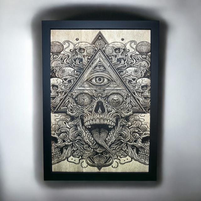 Tableau tête de mort psychédélique – Pyramide et troisième œil gravés sur bois