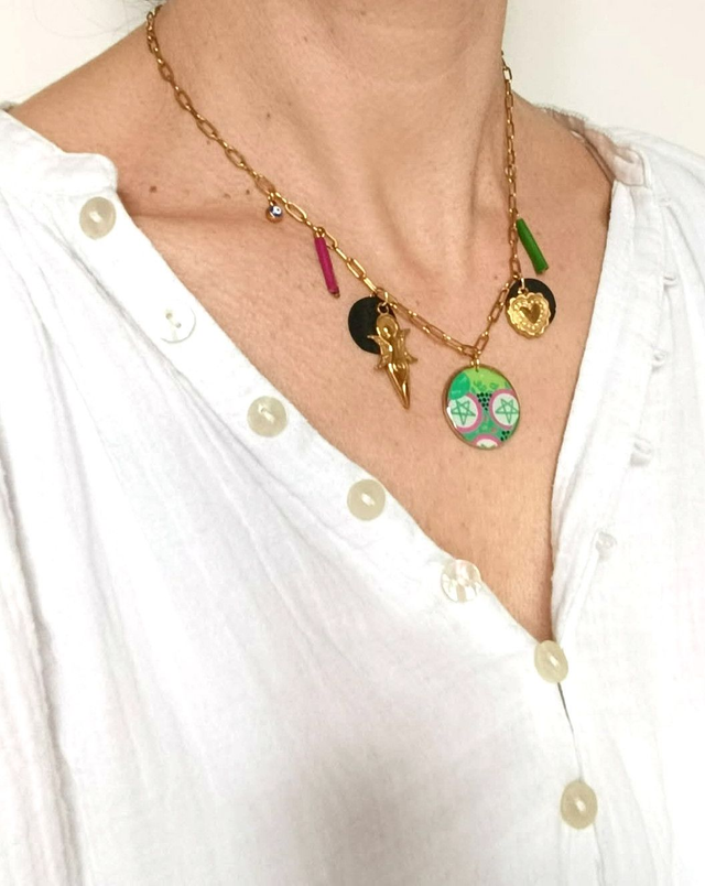 Collier à Breloques Upcyclé Carte de Tarot, Chambre à Air & Aluminium Recyclés - Pentagramme