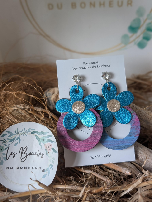 Boucles d'oreilles baby Marguerite bleu rose bm1168