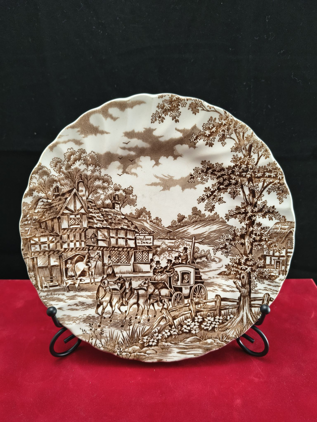 Alfred Meakin | Ontbijtbord Saladebord Plat bord (diameter 22,0 cm | hoogte 1,5 cm) ‘Coaching Days’ motief in bruine kleur | Vintage