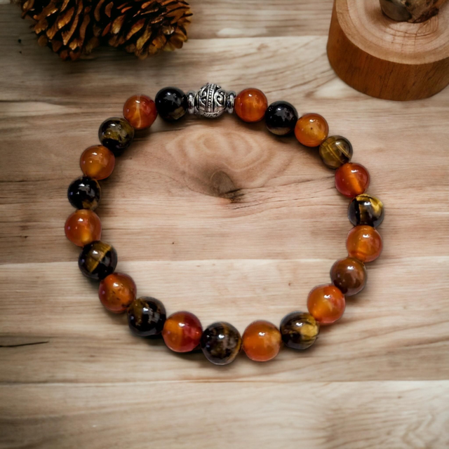 Fertilité et Ancrage /Bracelet en œil-de-tigre et Cornaline, pierres naturelles en 8 mm