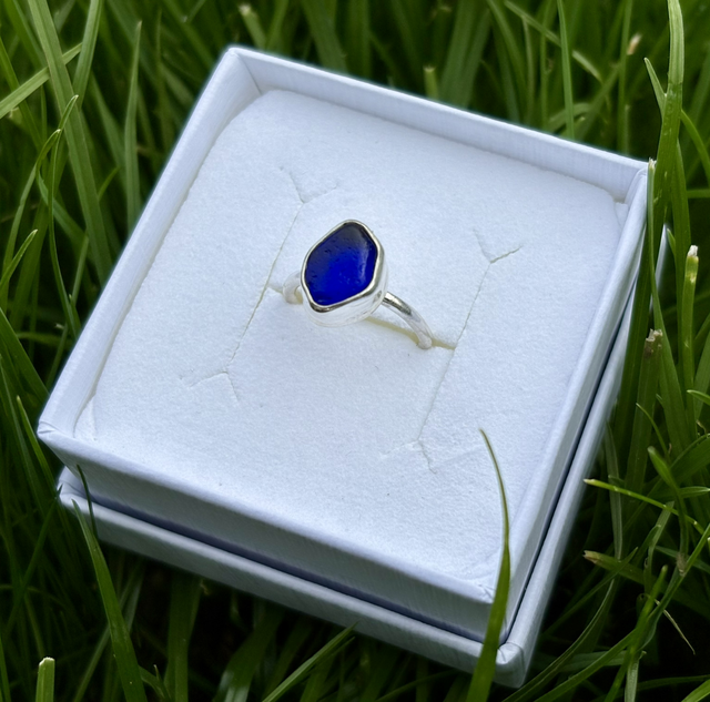 Blue Seaglass &amp; Recycled Silver Pinky Ring Size B