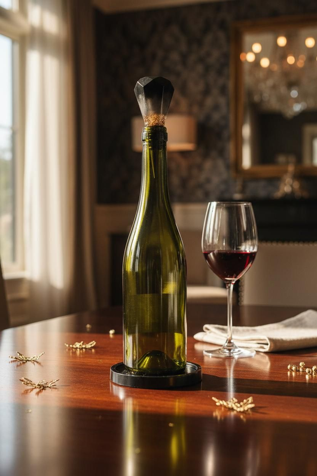 Ensemble dessous de bouteille et bouchon de vin assorti - Collection Noir feuilles d'or