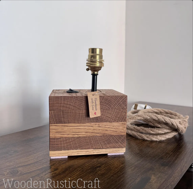 Country Style Solid Oak Lamp Base — Vintage Brass Fitting