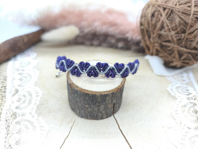 Bracelet tissage coeurs violet/argenté 