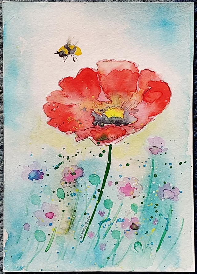 Unikko ja mehiläinen -akvarelli