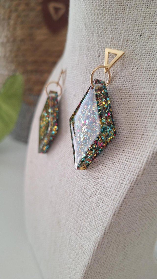 Boucles oreilles losanges paillettes turquoises roses dorées 