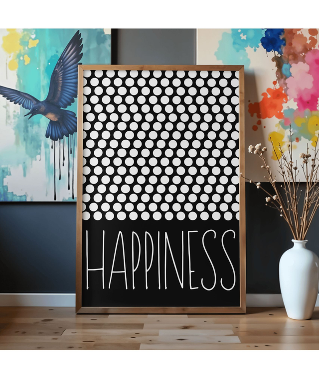 HAPPINESS – Schwarz Weiß Punkte– Modernes Wohndekor – Digitaler Download - Contemporary Graphic Art - Schwarz & Weiß - Art Print 