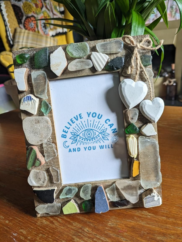 Sea glass and sea pottery frame with print 
