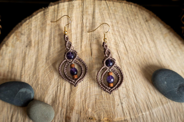 Parure complète de bijoux en micro-macramé marron et Améthyste