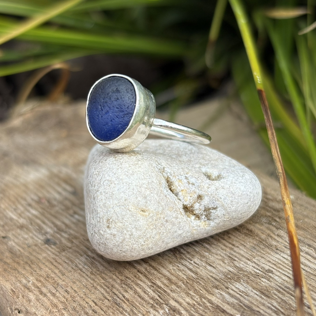 Blue Seaglass & Recycled Silver Ring Size M