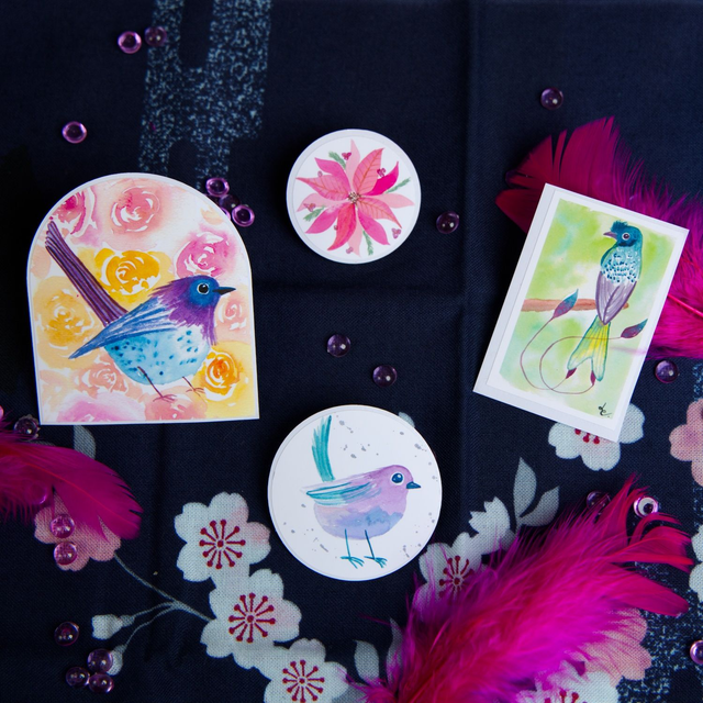 Lot de 4 stickers - Oiseaux colorés et fleur 