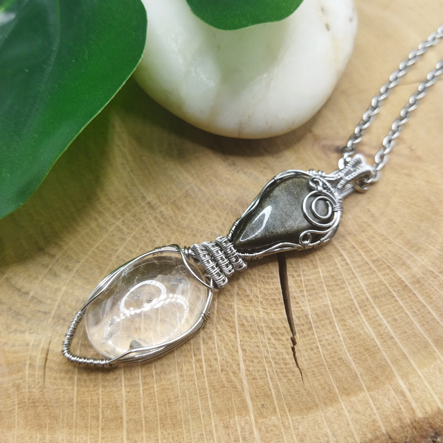 Pendentif "Talisman Protection" Obsidienne dorée et Cristal de roche (Quartz incolore)