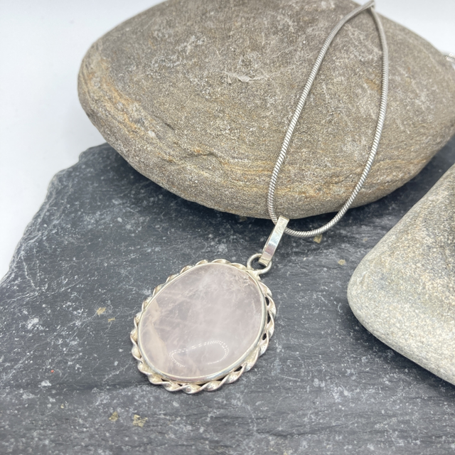 REFURBISHED Rose Quartz Sterling Silver Pendant 20&quot; Necklace