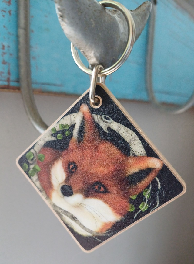 Fox and Silver Birch wooden key ring 