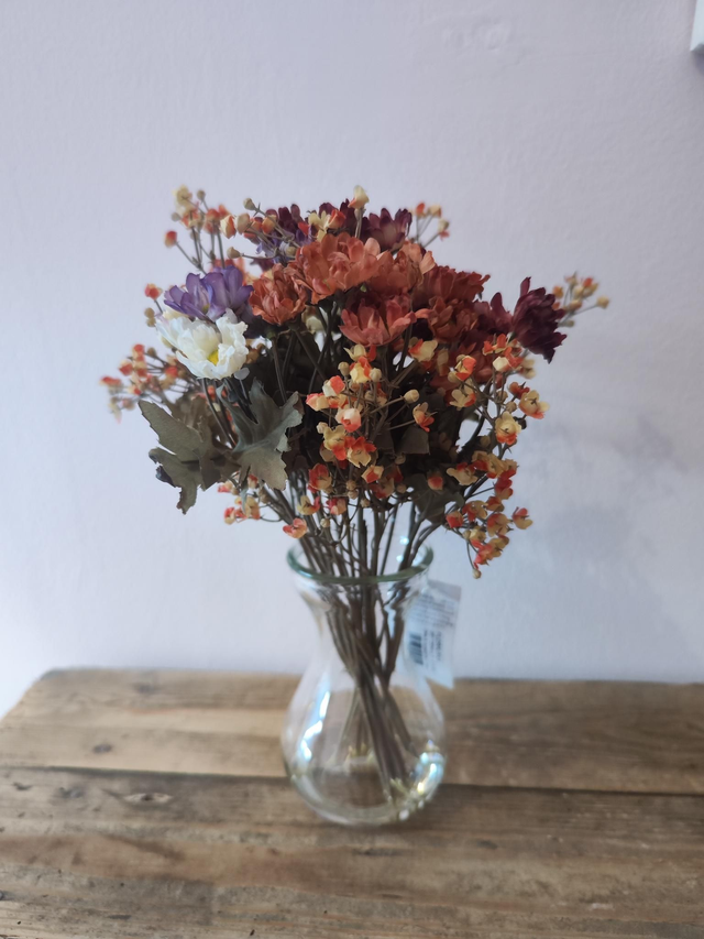 Faux Flowers Autumnal Arrangement in Glass Vase 