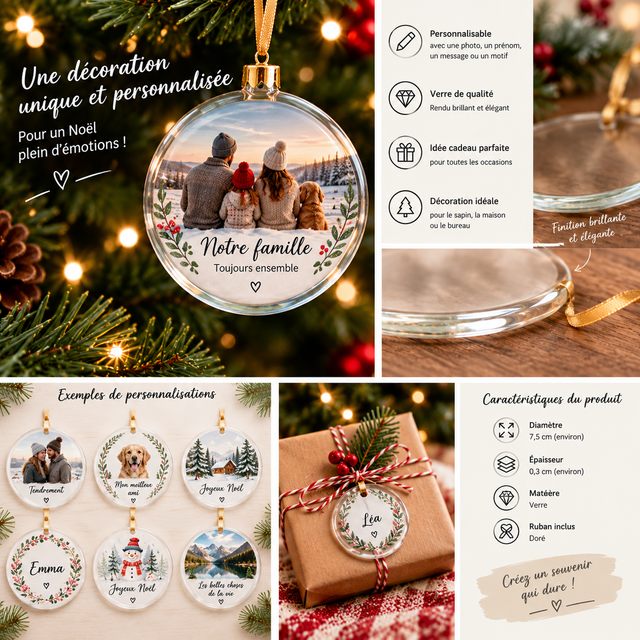 Ornement Rond en Verre Personnalisé – Décoration de Noël avec Photo, Prénom ou Message – Idée Cadeau Originale