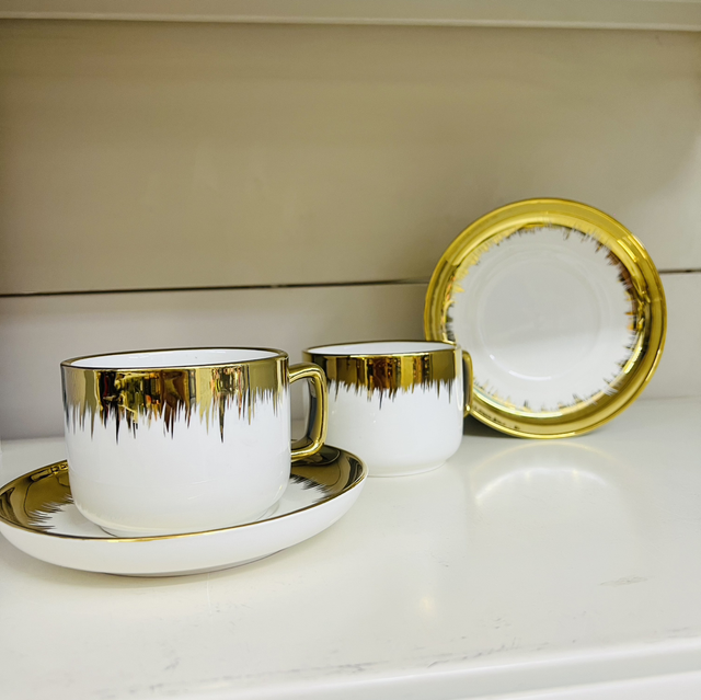Tasse à café blanc/doré (pique) 6 tasses+6 sous tasses