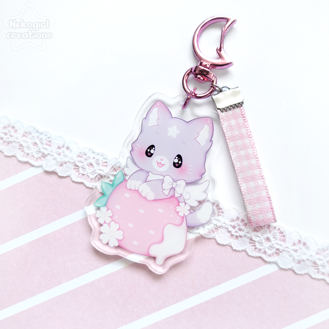 Porte-clé en acrylique - Chat fraise