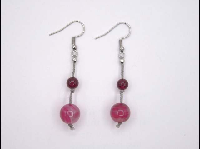 Boucles d'oreilles 2 agates roses sur soie tressée