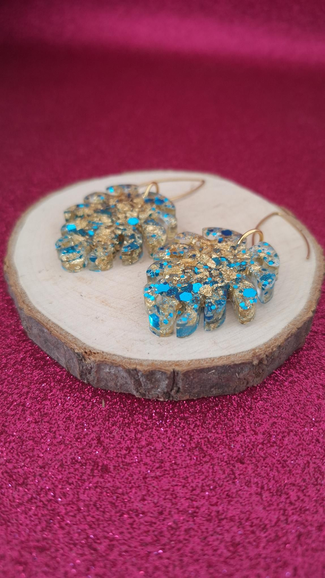 Boucles d'oreilles dorées feuilles paillettes bleues/feuilles d'or 