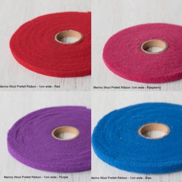 Pre Felt Ribbon - Extra Fine Merino Wool - Blue, Purple, Red Raspberry - 1cm wide