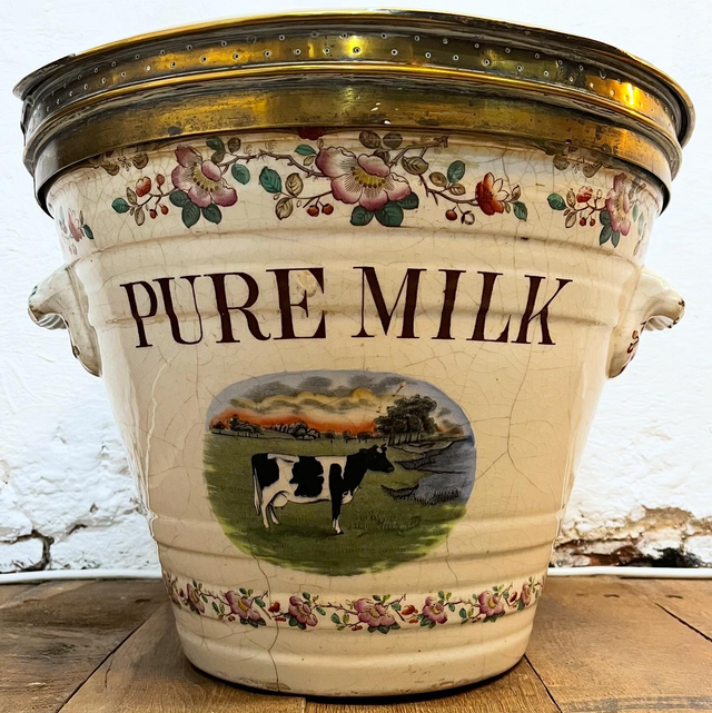 A Late Victorian Dairy Ironstone Milk Pail And Original Patented Brass Cover by The Dairy Outfit Company Ltd of King’s Cross, London