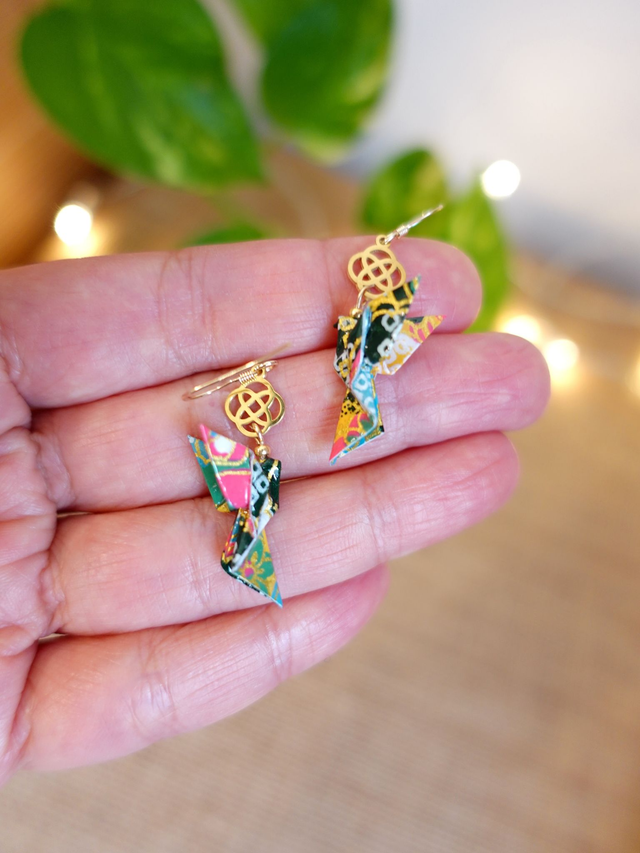 Origami Colombe, oiseau / GOLD FILLED, Or laminé / Boucles d'oreilles / Papier japonais washi / Vert, or / Bijou japonais origami /