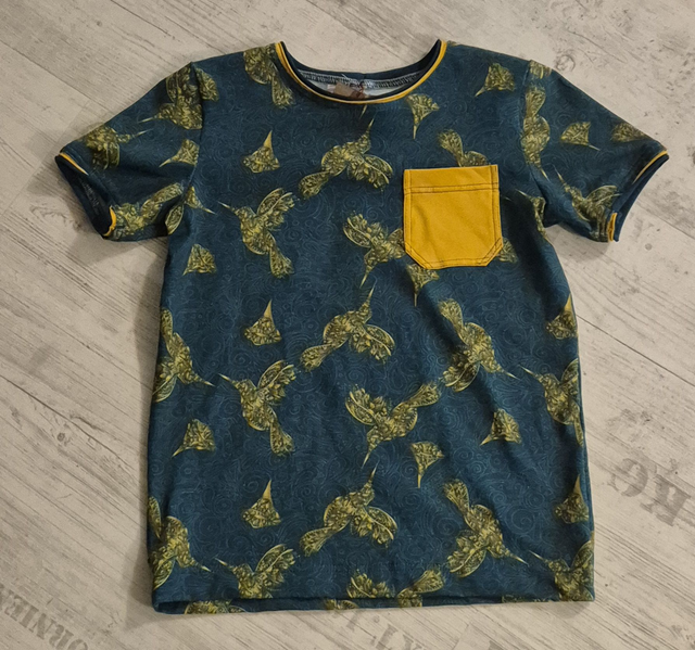 BIO Kinder T-Shirt, Kolibris petrol mit Tasche, Unikat, #140