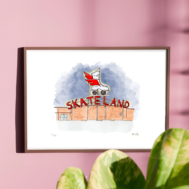  Memphis Skate Land Art Print – Retro Roller Disco Wall Decor – 80s Skating Rink Illustration – Vintage US Culture Gift