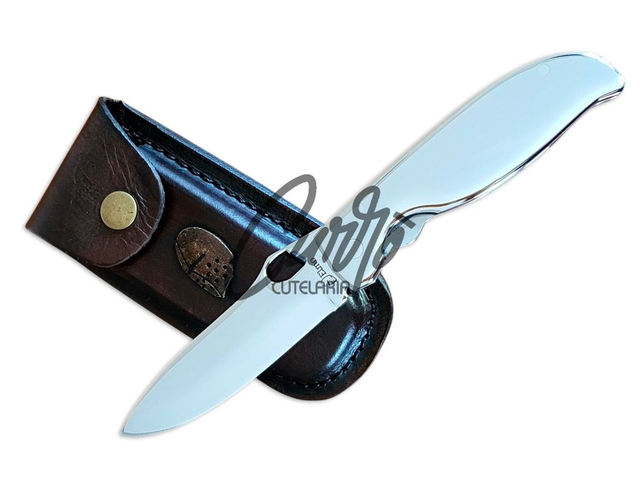 Canivete Elmo Original Aço Inox Espelhado com Bainha em Couro