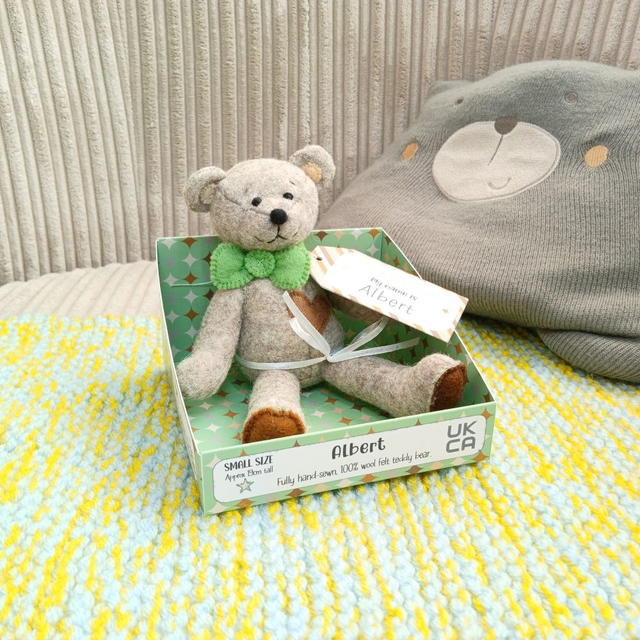 Albert. Small size, handmade teddy bear. UKCA. Tray base packaging. Limited Edition Wool Felt. Brown. Green.