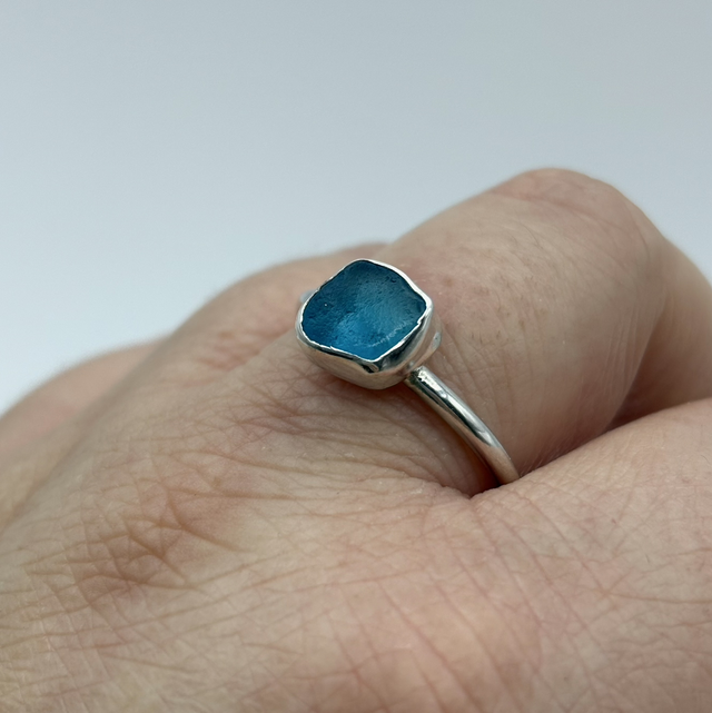 Teal Seaglass & Recycled Silver Ring Size U