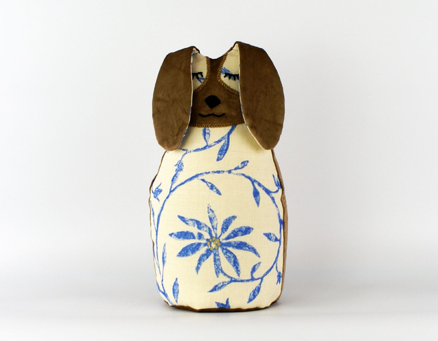 Doggie Doorstop, Handmade and Hand Embroidered Floppy-Eared Blue Doggy Decor, Made in UK, Doggy Bookend, Velvet and Linen Dog Doorstop