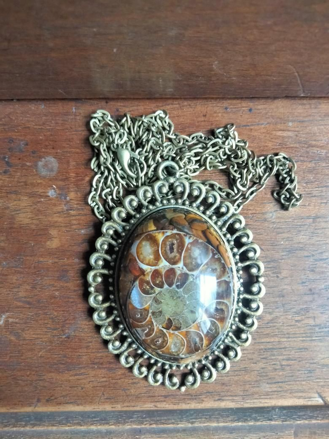 Pendentif forme ovale ammonite et oeil de tigre 