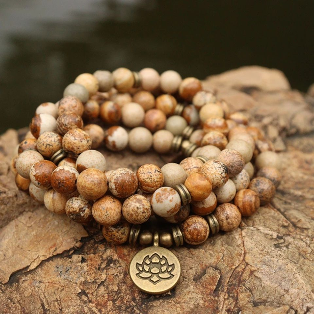 Mala Kralenketting Aarde Lotus, 108 Picasso Jaspis edelsteen kralen armband - Rozenkrans  - Meditatie ketting - Boeddhisme - Sparkolia