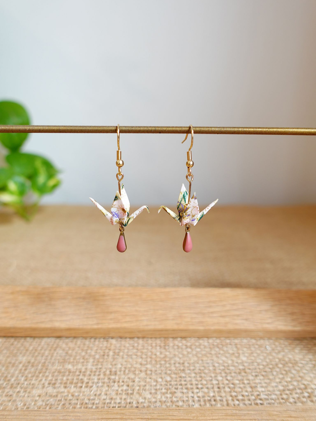 INOX doré / Origami grues, oiseaux / Papier japonais washi / Rose, violet, or / Boucles d'oreilles origami /