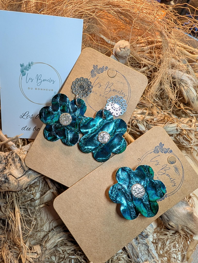 Boucles d'oreilles fleur rétro vert foncé et sa broche fr002