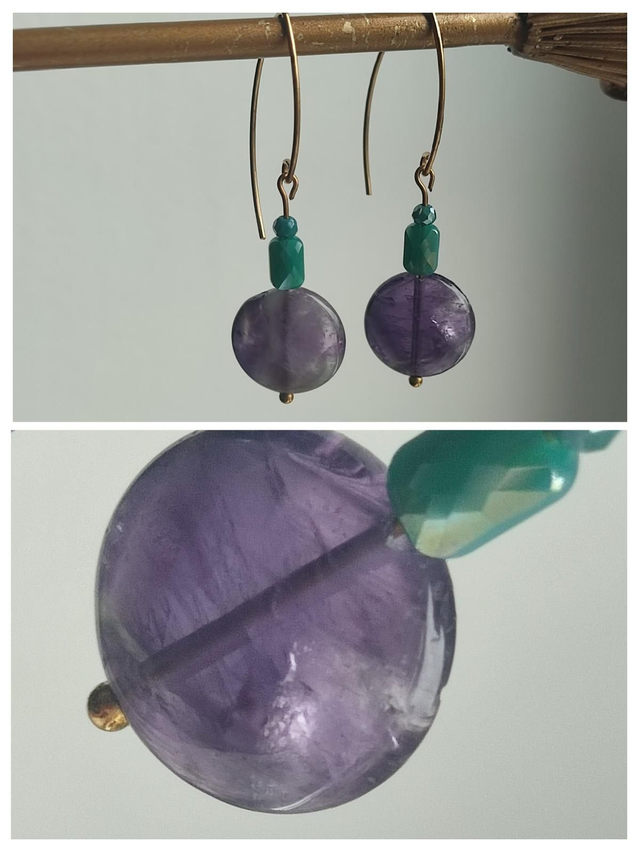 Améthyste et verre turquoise, acier inoxydable doré -sans nickel, pièce unique 