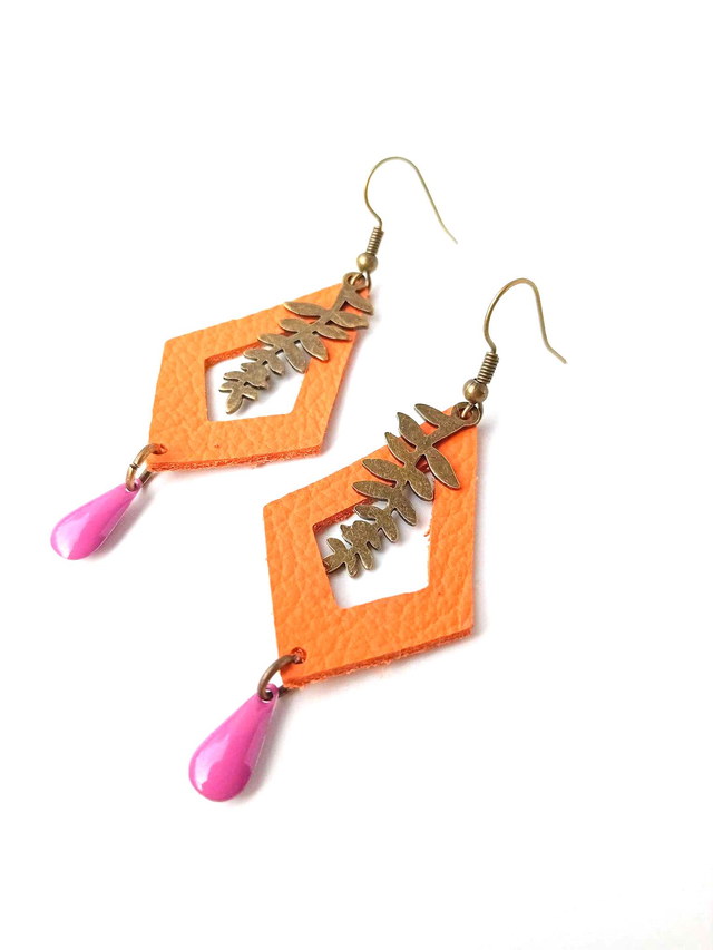 BO Médiévales Feuille - CUIR RECYCLÉ - Orange et violet - Pièces Artisanales et Uniques 