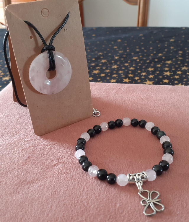 Parure quartz rose et obsidienne 