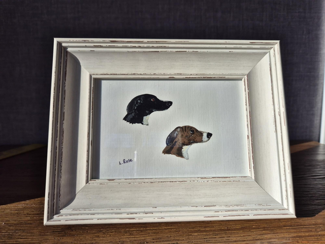 Greyhound acrylic painting in frame.