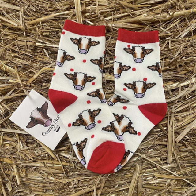 Childrens Red Polka Dot Cow Socks (Crew Style)