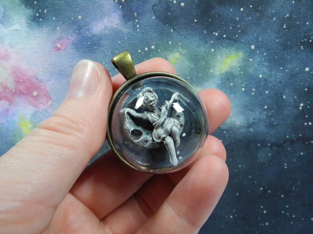 Miniature Space Necklace - lady in the moon - inspired by Georges Méliès