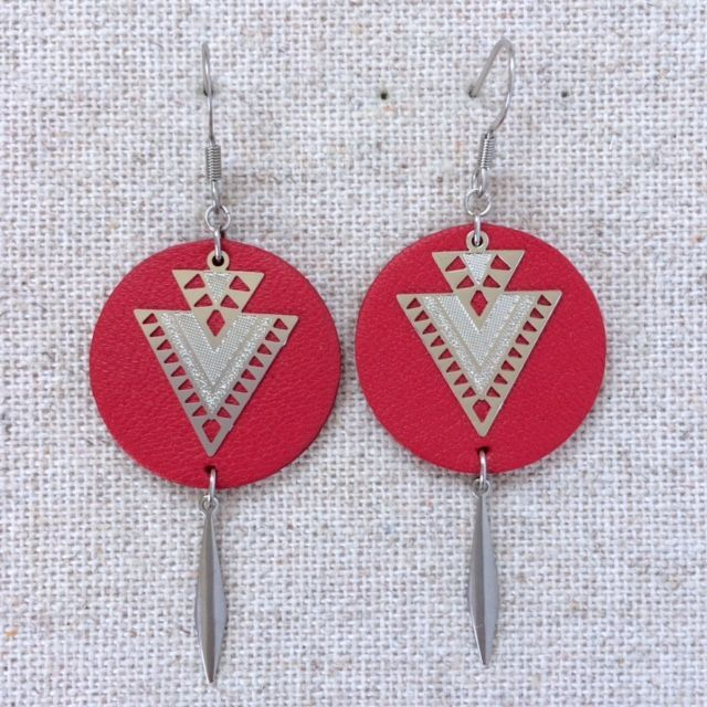 Boucles d’oreilles « Kalimba » argentées, cuir rouge